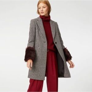 Club Monaco Starella Faux Fur Cuffs Plaid Coat Longline Wool Blend Size S